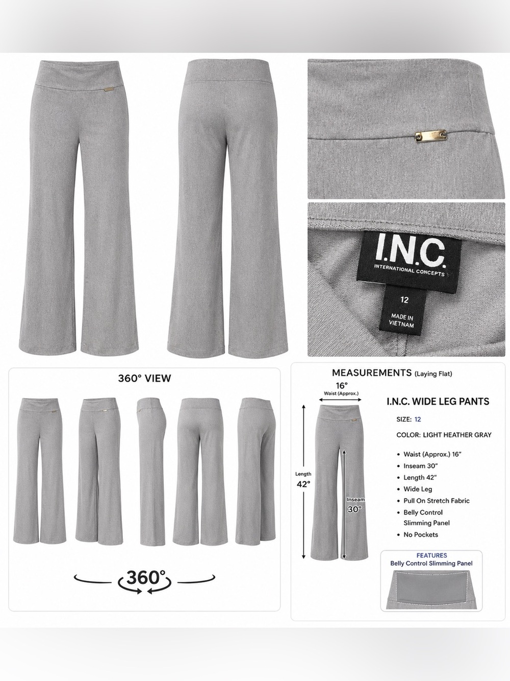 Like New - INC Light Heather Gray Wide-Leg Pull-On Pants Size 12